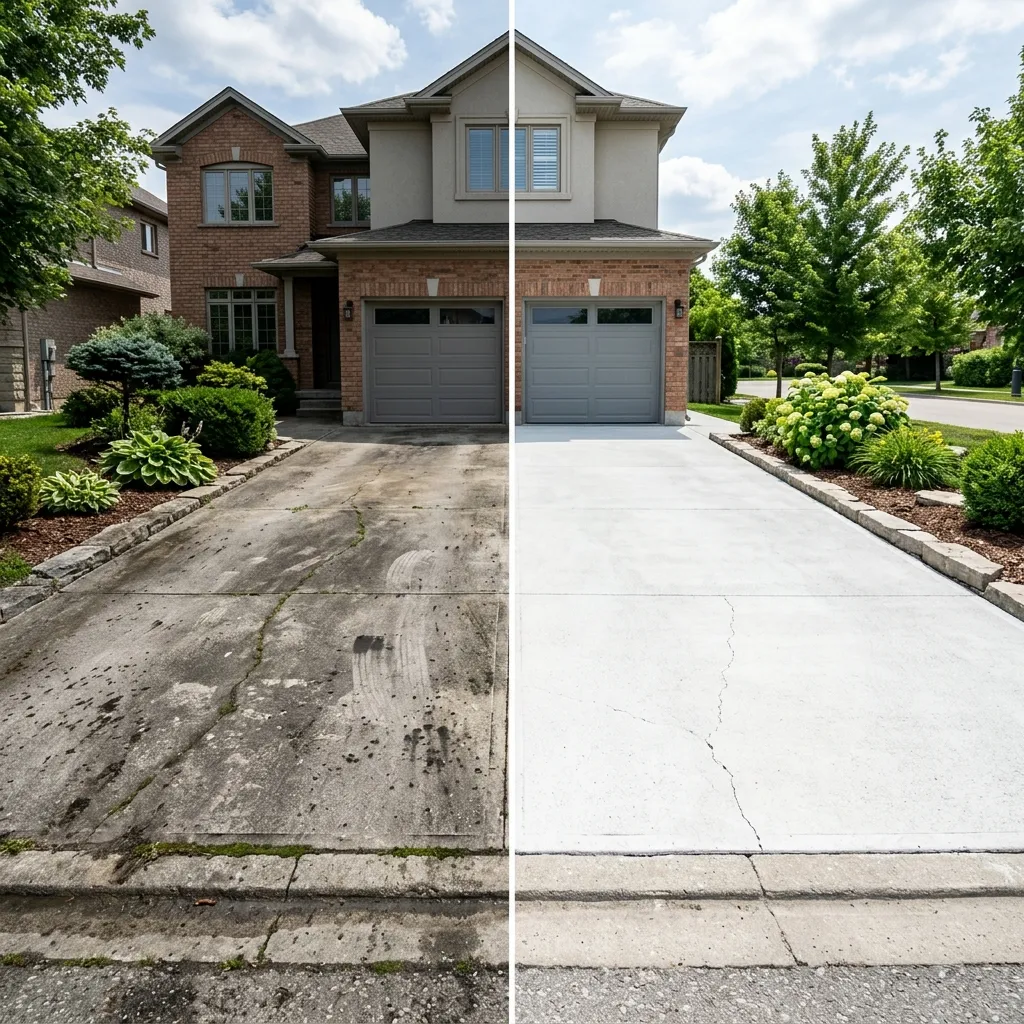 Before and after driveway pressure washing Adelaide — dramatic restoration of concrete driveway