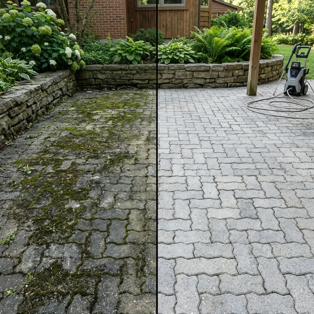 Before and after patio pressure washing in Adelaide — pavers restored to like-new condition
