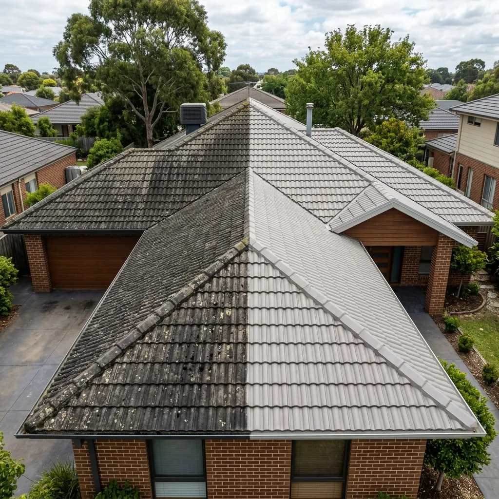 Before and after roof cleaning in Adelaide — mold and lichen removed, tiles restored