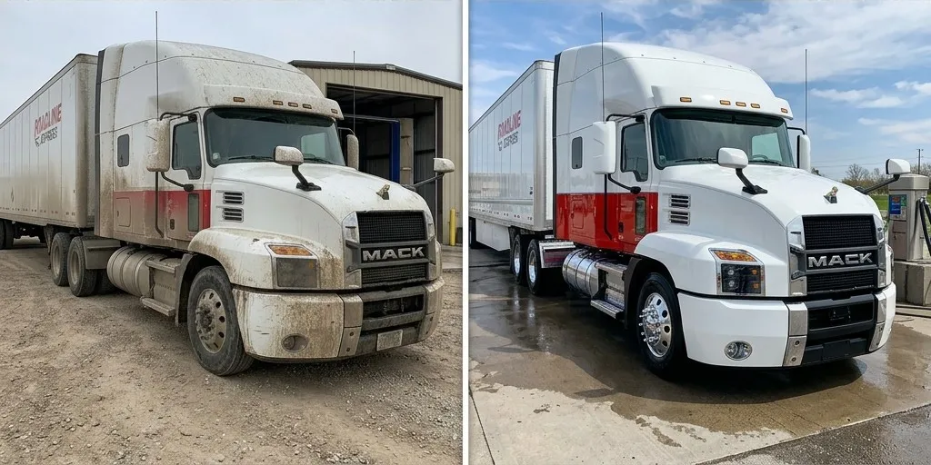 Before and after truck and fleet wash in Adelaide — professional commercial vehicle cleaning result